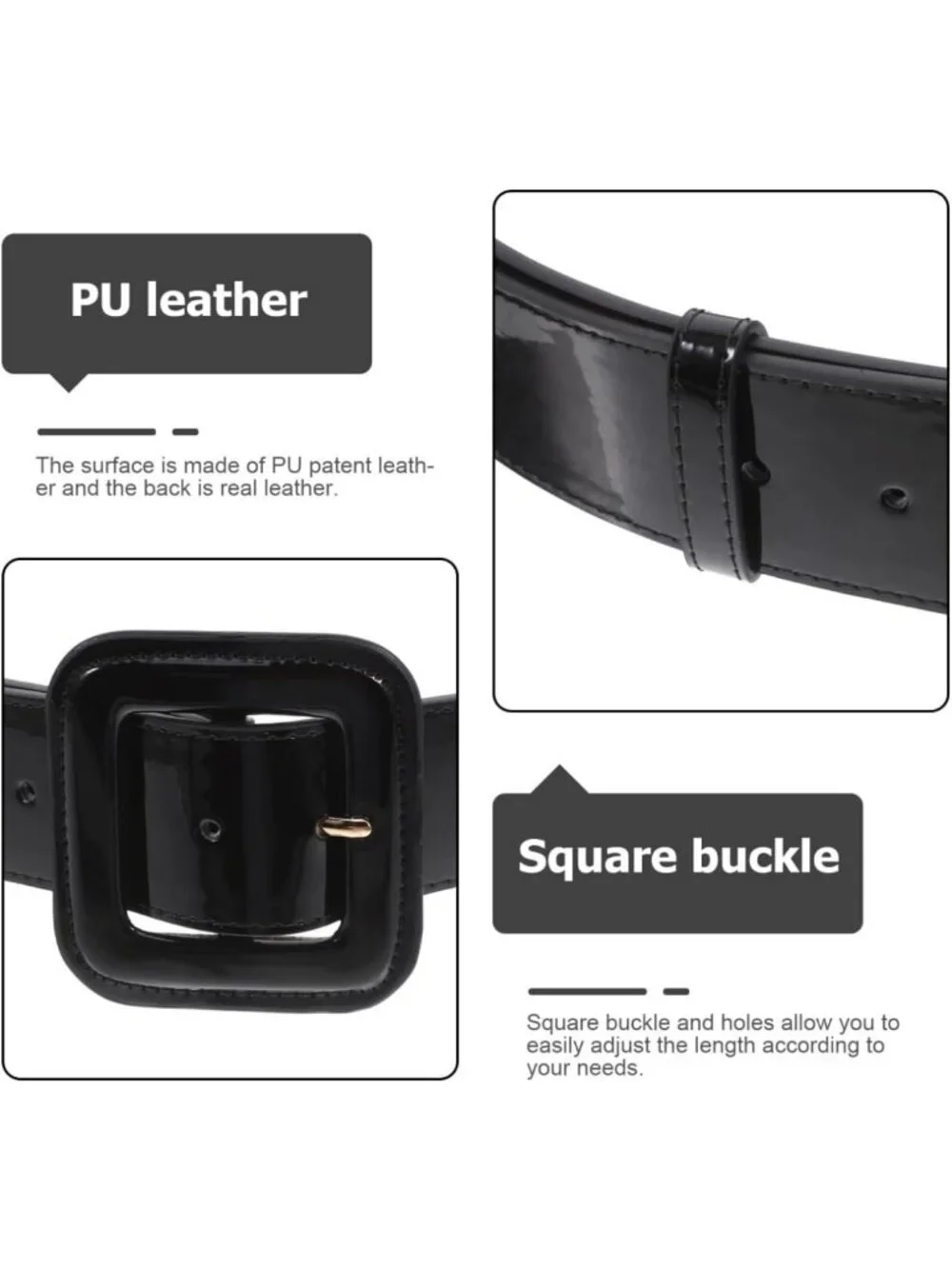 Vintage Black Patent Leather Wide High Waist Belt with Square Buckle for Dresses